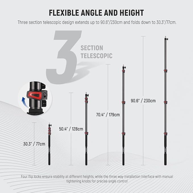 NEEWER 7.5ft/230cm Handheld Light Stand, Portable Telescopic Aluminum Photography Lighting Stand with 1/4" 3/8" 5/8" Screw/Flip Lock/Shoulder Strap for Strobe Light Flash, Max. Load 11LB/5KG, MS-230C | Handheld Light Stand, 1/4" 3/8" 5/8" Screw, Flip L... - Image 3
