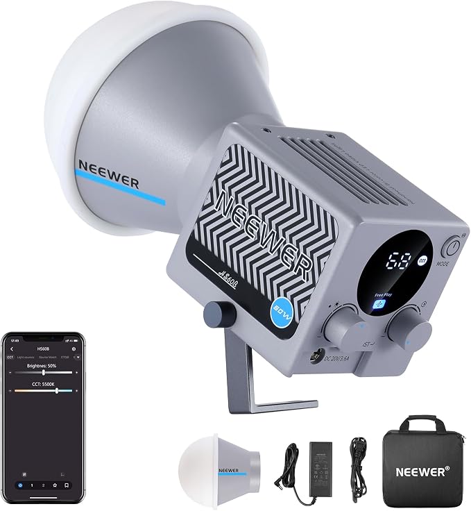 NEEWER HS60B Mini Video Light with App Control, 60W Handheld Portable Bi Color COB LED Continuous Output Lighting with 35000lux/1m 2700-6500K 0-100% PWM Dimming CRI/TLCI 97+ 12 Scenes USB Type C by Neewer