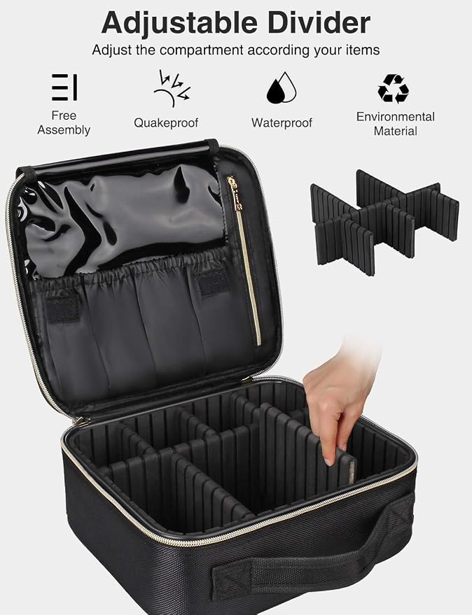 Relavel Travel Makeup Train Case Makeup Cosmetic Case Organizer Portable Artist Storage Bag with Adjustable Dividers for Cosmetics Makeup Brushes Toiletry, Black with Gold Zipper - Image 2
