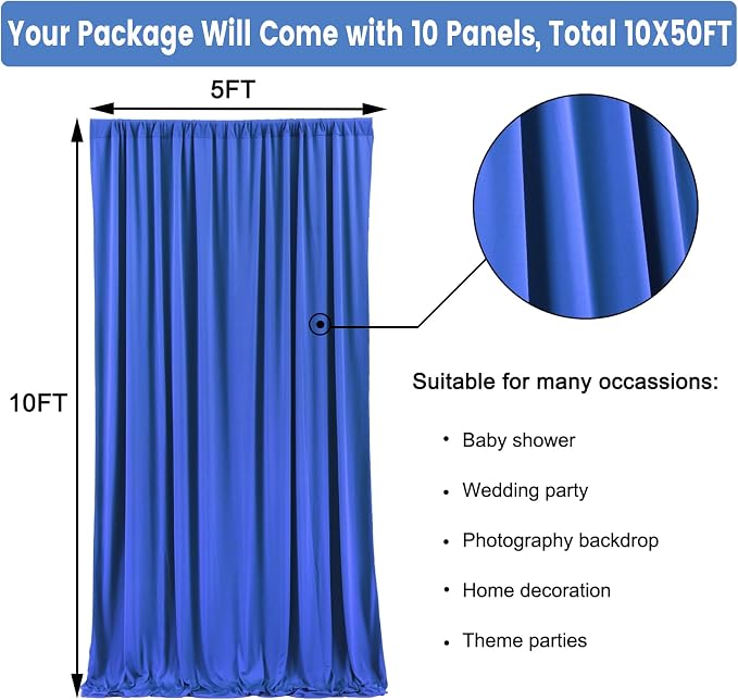 50ft x 10ft Wrinkle Free Royal Blue Backdrop Curtain for Party, Polyester Royal Blue Photo Backdrop Drapes 10 Panels 5x10ft for Birthday Photography Background Weddings Baby Shower Party - Image 6