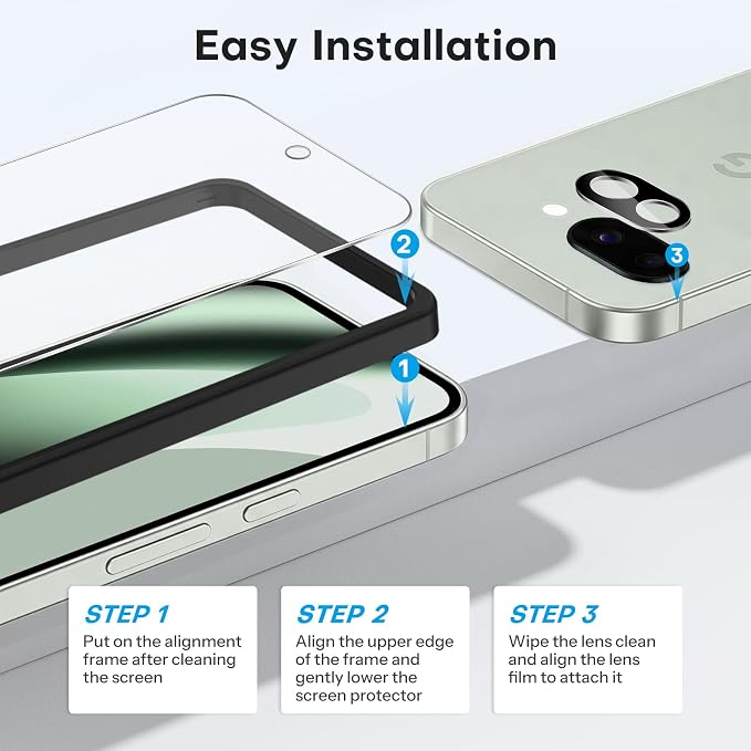 OMOTON 3+2 Pack for Google Pixel 10a Screen Protector 6.3 inch | 3 Pack Tempered Glass Screen Protector & 2 Pack Camera Lens Protector with Alignment Framework, Case Friendly - Image 4