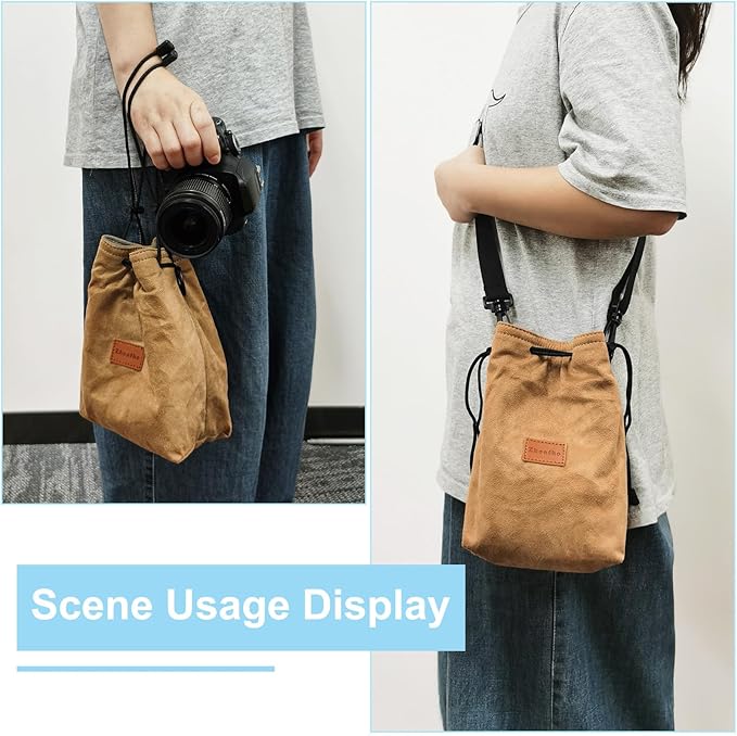Patikil XL Size Drawstring Lens Case Flannel Camera Handbag with Adjustable Shoulder Strap for DSLR Lens, Yellow - Image 6