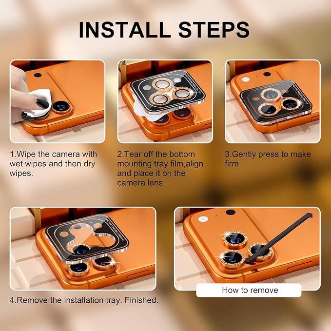 Misea Compatible for iPhone 17 Pro/iPhone 17 Pro Max Camera Lens Protector | 9H Tempered Glass Ultra HD Bling Camera Screen Protector Cover Metal Individual Ring Decoration Accessories, Orange Glitter - Image 7