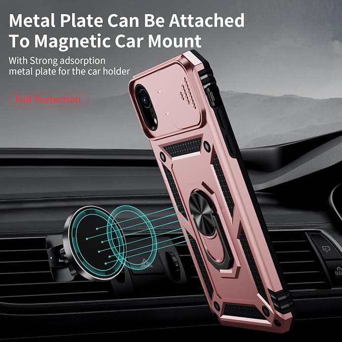 for iPhone XR Case with Camera Lens Cover, HD Screen Protector, 10 FT Military Grade Drop Protection, Magnetic Ring Holder Kickstand Protective Phone Case, Rose Gold - Image 2