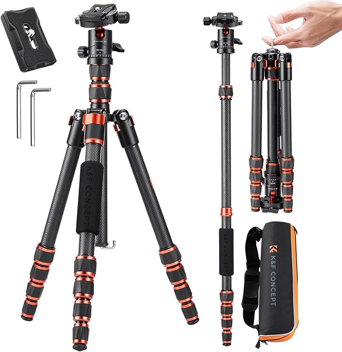 K&F Concept 60" Carbon Fiber Camera Tripod, Detachable Monopod for SLR DSLR | Max Load 17 lb, Lightweight Compact Travel Tripod, 360 Degree Ball Head, Quick Release Plate, A225C0+BH-25L by KFCONCEPT