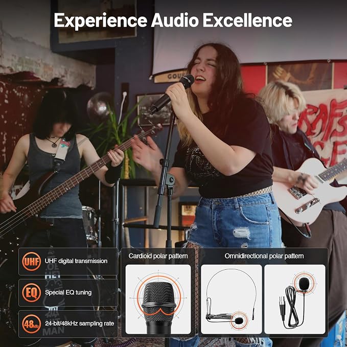 MELONARE 4-Channel UHF Compact Wireless Microphone System MWM-41-2H2B | 2 Handheld Mics, 2 Bodypacks, Headset/Lapel Mics, 4 x 10 Frequencies, 200 ft Range, Karaoke, Church - Image 2