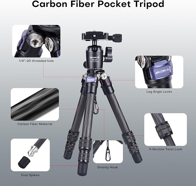 15.75"/0.99 lbs Mini Carbon Fiber Tripod, Compact Pocket Travel Tabletop Tripod for Mobile Phones, Mirrorless Cameras, Digital Cameras, Projectors, Webcams - Image 3