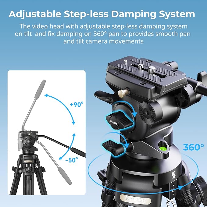 SmallRig AD-50 Carbon Fiber Video Tripod 64" Lightweight Fluid Head | Max. Payload 13.2lb, Step-Less Damping Fluid Head, Detachable Handle, Lift Rope, for Camcorder and Cameras - Image 5