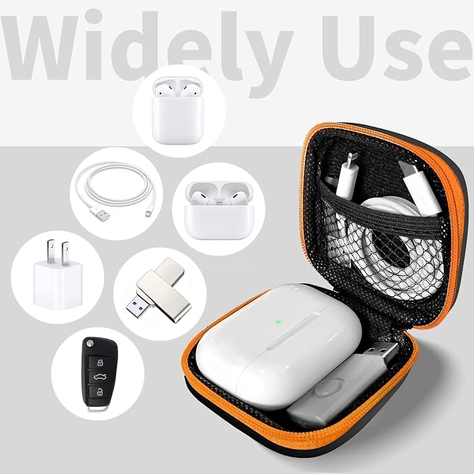 1 Pack Square Earbud Case Storage Bag with Carabiner, Orange | Portable EVA Carrying Case, For Wired/Wireless Headphones, SD Card Storage, Camera Chip - Image 2