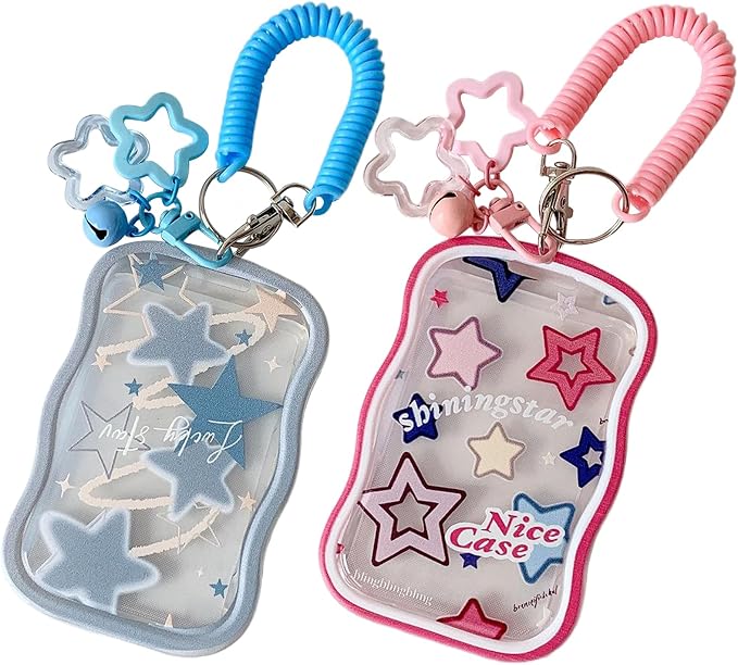 2 Pieces Creative Lucky Stars Photocard Holder Keychain Protective Sleeves - Transparent Cover Case for Bus Card, Student ID, and Photo Display (Rose Red, Blue) by Unknown
