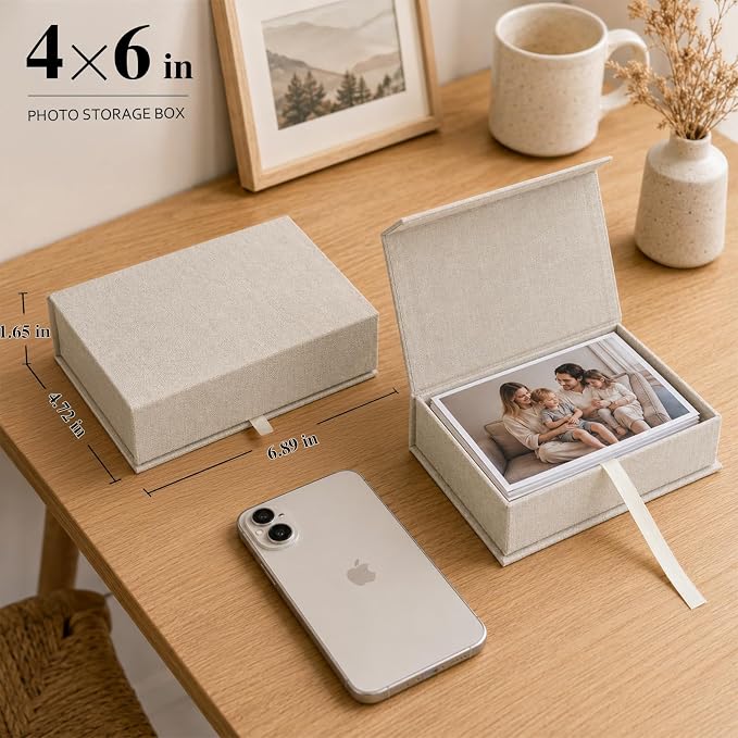 Vienrose Small Photo Storage Box, 5"x7", Linen Postcard Keeper, Beige | 1Pc Sturdy Linen Cover Box for Photos, Postcards & Sticker Storage, Perfect for Home, Office, Craft Room, and Travel - Image 2