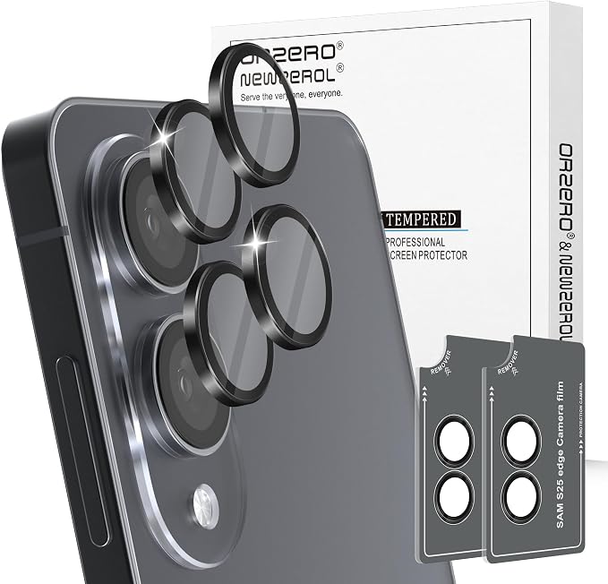 Orzero (2 Sets) Camera Lens Protector Compatible for Samsung Galaxy S25 Edge, Protector de Cámera One-Step Installation Tray Individual Matte Alloy Metal Ring Glass Case Friendly - Black by JumpIntoOrzeroLet%E2%80%99sExploreLikeNeverBefore