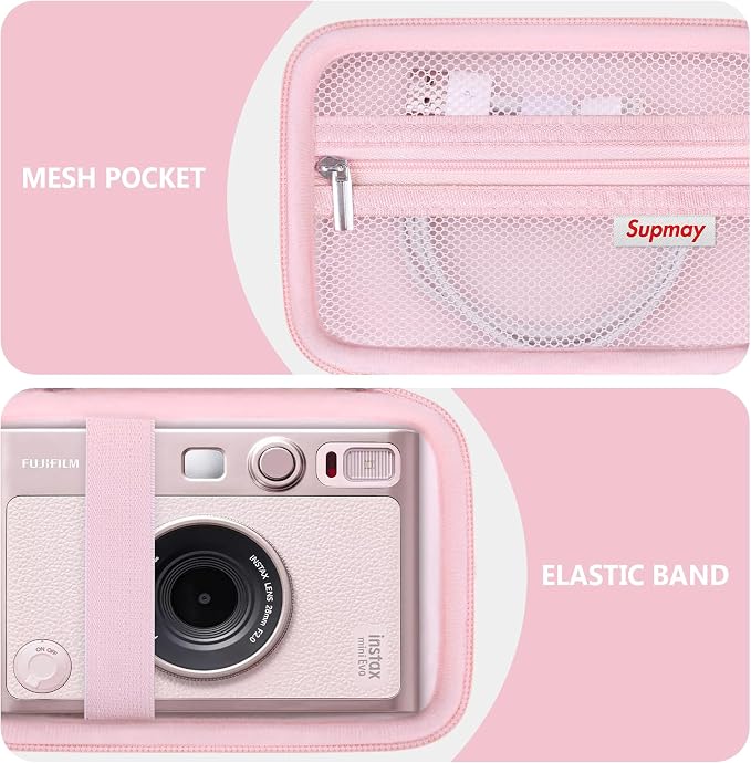 Carrying Case Compatible with Fujifilm Instax Mini EVO Instant Camera, INSTAX MINI EVO Camera Storage Holder Travel Bag with Mesh Pocket for Photos, USB Cables, Film, Pink - Image 4