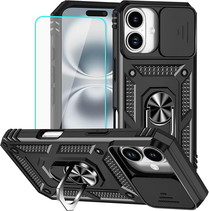 HNHYGETE for iPhone 16 Case with Screen Protector: [Military Grade 20ft. Drop Tested] Slide Camera Cover Ring Shockproof Protective Phone Case for - iPhone 16 (Black) by HNHYGETE