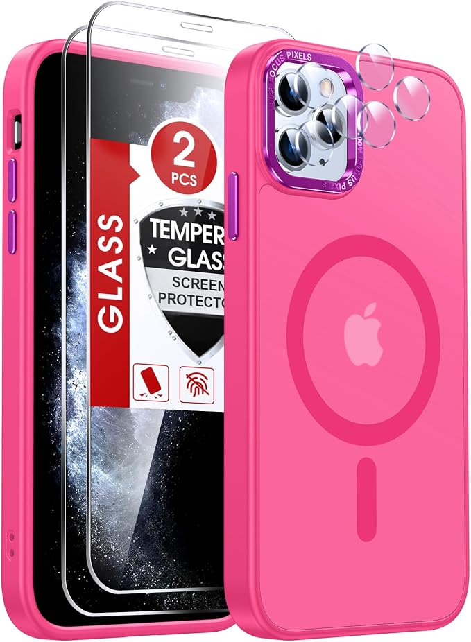 LeYi for iPhone-11-Pro-Max Cases Pink with Screen Protector X2 + Camera Cover X2[ MagSafe Compatible] Magnetic Military Grade Protective Slim Phone Case for iPhone 11promax i Phone 11pro max,Hot Pink by LeYi