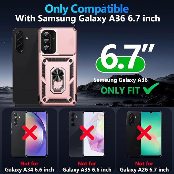 Taisairu for Samsung Galaxy A37 Case/A36 Case with Screen Protector & Slide Camera Lens Cover, Built-in Ring Stand Shockproof Protective Case for Samsung A37 5G Case/Samsung A36 5G Case (Rose Gold) - Image 9