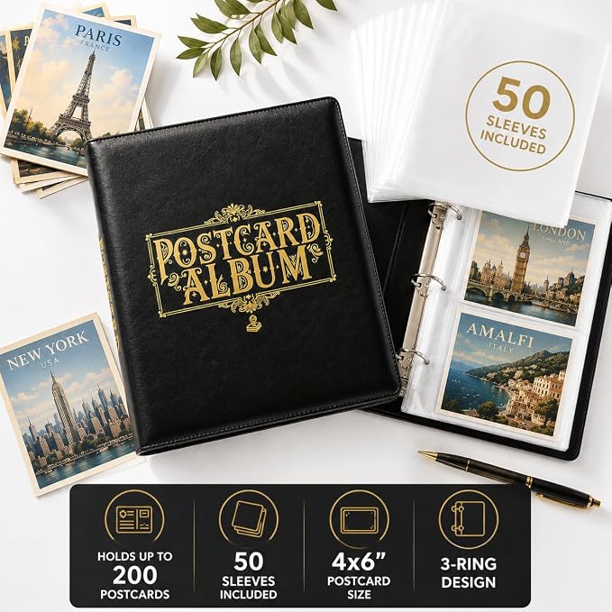 Postcard Album Holder with Sleeves, Post Card Album Book Storage Binder 4x6 | Elegant organizer, 50 archival sheets hold 200 postcards. Travel collection photo album book gifts idea for collectors - Image 2