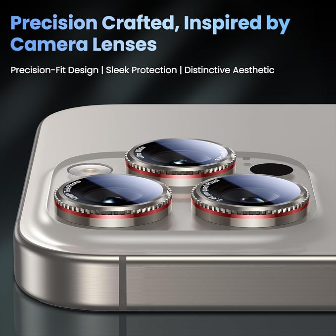 Uyiton for iPhone 17/16/15/14 (Pro Max & Pro) Camera Lens Protector | Unique Lines Text Design, Case-Friendly, Military-Grade Sapphire Glass Metal Camera, Easy to Install, Gearwheel Gray+Red - Image 2
