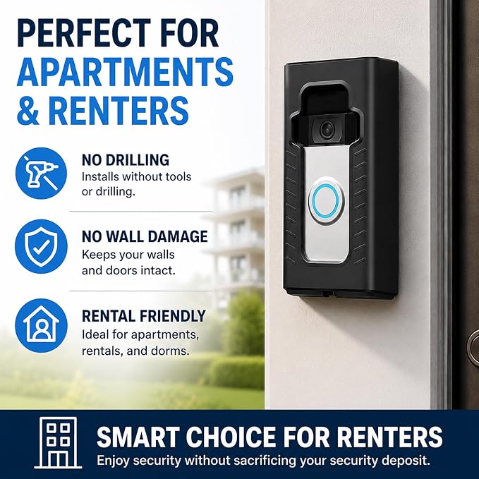 Adhesive Mount Compatible with 2024 Upgrade Video Doorbell No-Drill Mounting Bracket Cover Holder Anti-Theft Full Coverage Protective Housing for Apartments & Renters (Matte Black) - Image 4