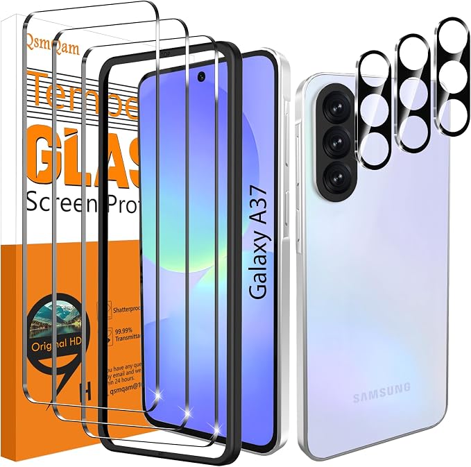 QsmQam 3 Pack Screen Protector for Samsung Galaxy A37 5G + 3 Pack Camera Lens Protector, Ultra HD Tempered Glass, 9H Hardness, Anti Scratch, Easy Installation - Case Friendly by QsmQam