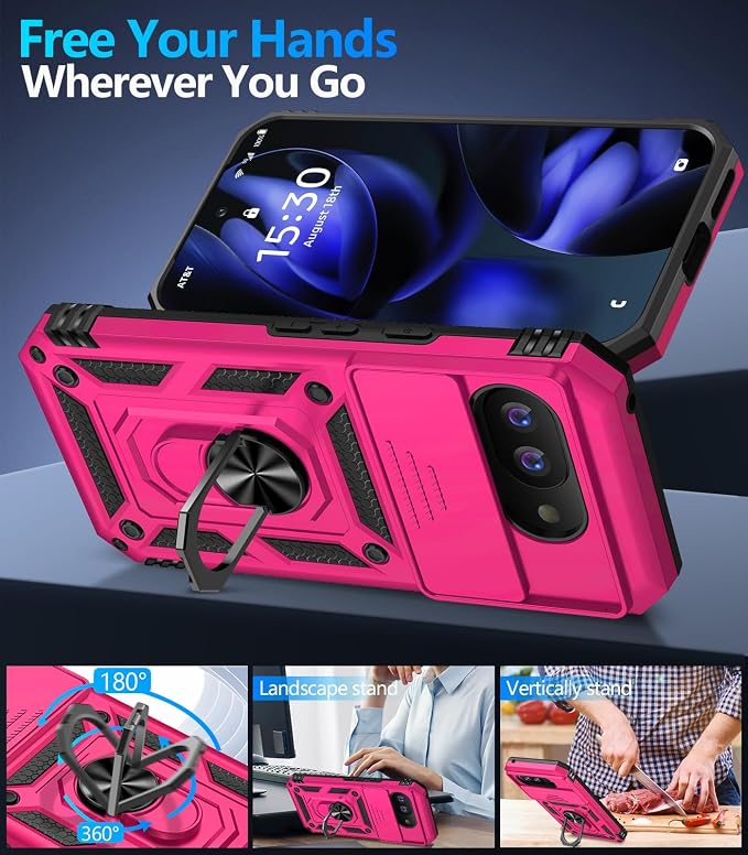 Taisairu for Google Pixel 9A Case with Screen Protector & Slide Camera Lens Cover,Built-in 360°Rotate Magnetic Ring Stand Shockproof Protective Phone Case for Google Pixel 9A Case(Hot Pink) - Image 3