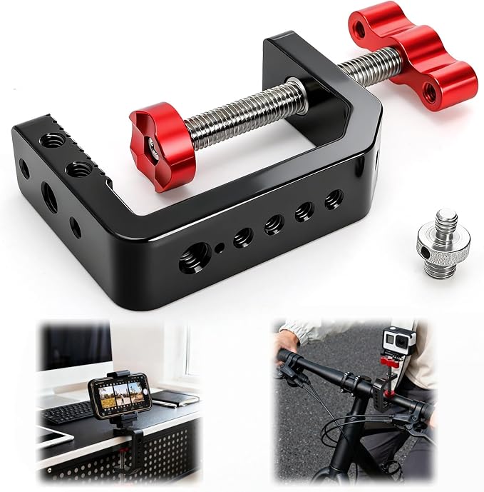 Tlence C Clamp Desk Camera Mount, Table Clamps with 1/4" and 3/8" Thread, Metal Desktop C Clamp for Light Stand, Heavy Duty Clamps Jaw for Workbench, Rods, Shelves, Bike, Fits up to 2.5" Thickness by Tlence