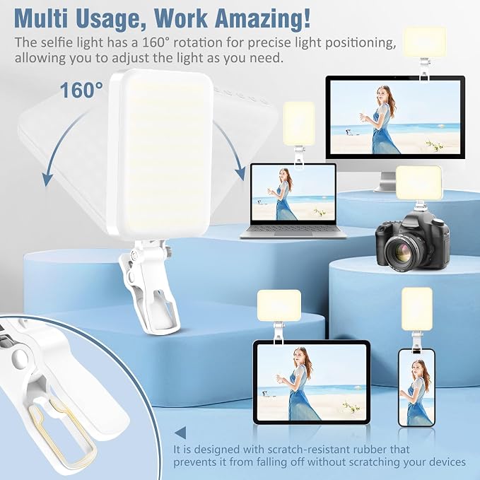 60 LED Portable Selfie Light Video Conference Lighting with Clip & Camera Tripod Adapter Rechargeable 2200mAh CRI 97+, 9 Light Modes for Phone iPhone Webcam Laptop Photo Makeup - Image 2
