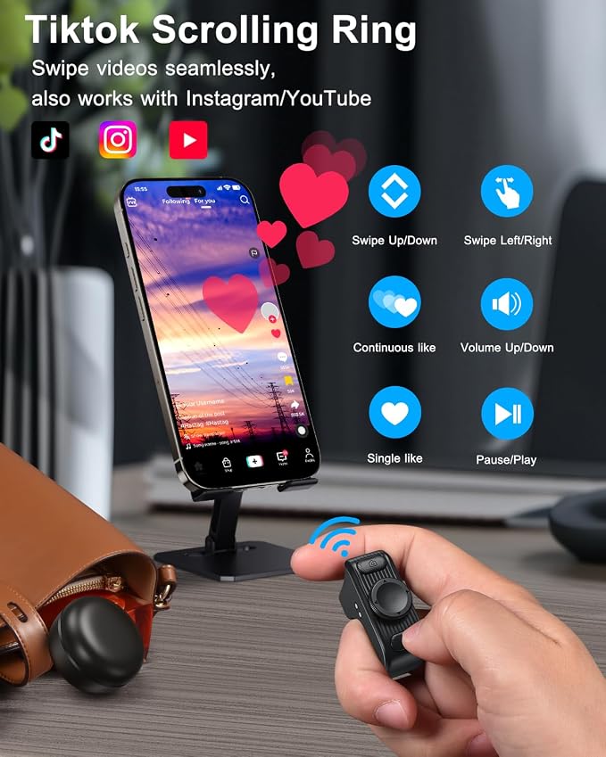 [New Upgrade, Easy to Use] TikTok Scrolling Ring Remote Control, Camera Shutter Remote, Wireless Bluetooth Scrolling Ring for iPhone, iPad, iOS, Android - Black - Image 3