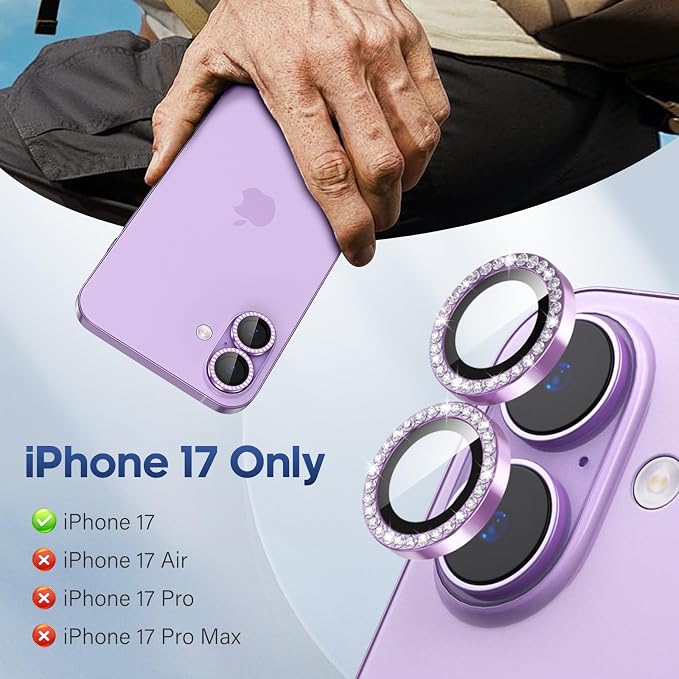 for iPhone 17 Camera Lens Protector Cover Bling Diamond, Purple | Individual Metal, 9H Hardness, Scratch Resistant, Shockproof, Drop Protection, Case Friendly, Stylish Accessories - Image 2