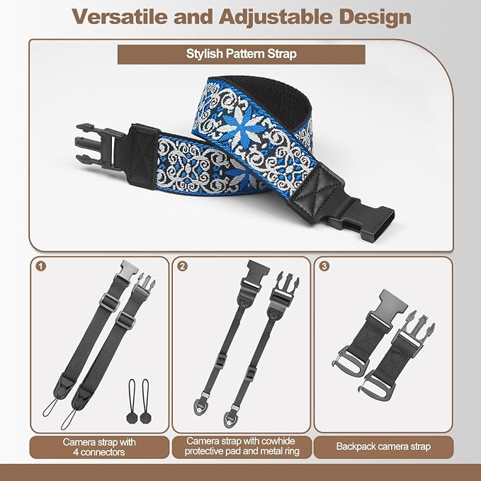 Adjustable Camera Neck Strap, Vintage Embroidered Shoulder & Crossbody Camera Strap with 4 Connection Ways, Anti-Slip Camera Strap for DSLR, Mirrorless & Camcorder, Travel & Outdoor Photography Gear - Image 4