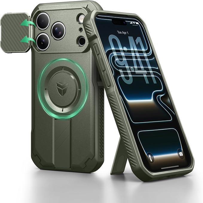 Dexnor for iPhone 17 Pro Case, [Built-in Flip Camera Cover & Camera Control Cover & Kickstand], Compatible with MagSafe, Heavy-Duty Rugged Shockproof Magnetic Phone Cover, 6.3 inch Army Green by Dexnor