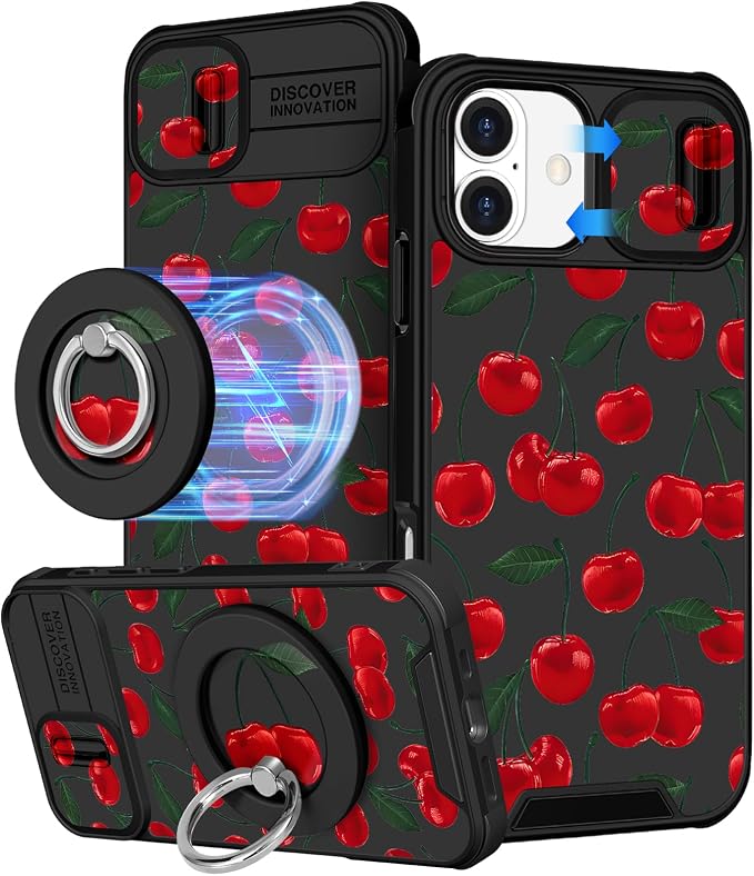 Buleens for iPhone 16 Plus Case 6.7 Inch - with Ring Stand & Camera Cover Aesthetic Cute Designed for Women Girls Girly Pretty Kawaii Cherry Phone Case for iPhone 16 Plus Compatible with Magsafe by Buleens