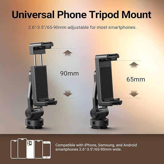 NEEWER GA010 Phone Tripod Mount, 65–90mm Adjustable Phone Clamp Holder with 1/4" Thread, 180° Tilt, 360° Swivel, Cold Shoe Accessories Compatible with iPhone 17 Pro Max Samsung S26 Ultra & More - Image 2