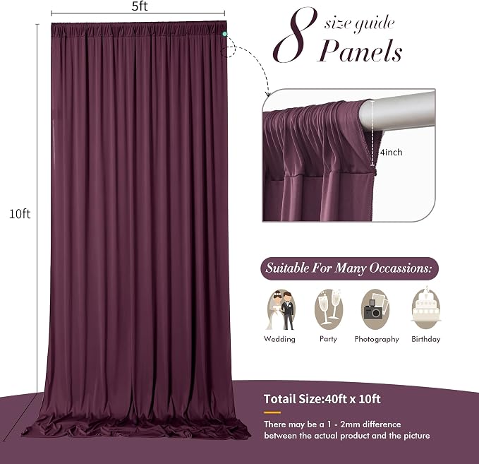 40 ft x 10 ft Wrinkle Free Maroon Backdrop Curtain for Parties, Polyester Burgundy Photo Backdrop Drapes 8 Panels 5x10ft for Baby Shower Wedding Birthday Party Engagement Ceremony Decoration - Image 5