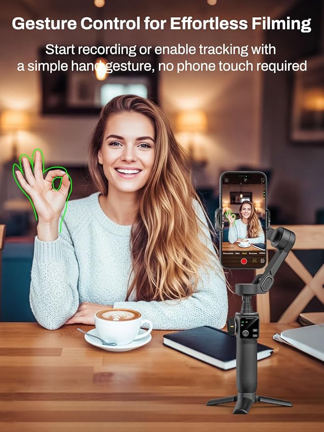 AOCHUAN Gimbal Stabilizer for iPhone w/Bluetooth Remote, 3-axis Phone Stabilizer w/7.8” Extension Rod, AI Face Tracking Smartphone Gimbal, Gesture Control for Video Shooting - Smart V8 Kit Black - Image 7