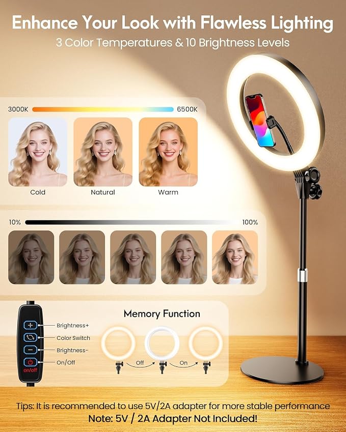 Desk Ring Light with Stand for Computer, Desk Light for Video Recording | 10.5" Video Conference Lighting, Adjustable Circle Light with Phone Holder for Zoom Meeting Video Call Podcast Stream Webcam - Image 4