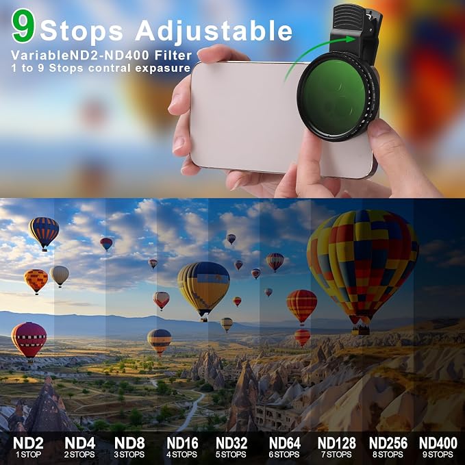 Phone 52MM Variable ND2-ND400 Filter, Multi-Coating Clip Adjustable Neutral Density Lens Kit, Compatible with iPhone 16/15/14/13 Pro Max, Samsung Galaxy, Google Pixel and Other Smart Phones - Image 2
