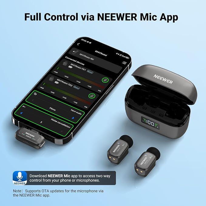 NEEWER KM19 Wireless Lavalier Microphone Compatible with iPhone 17 16, Gray | Compatible with iPhone Android & PC, Mini Lav Mic, App Control, 3 Level Noise Cancelling, 30h Battery, 100m, Video Recording - Image 9