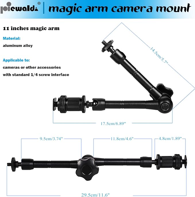 Niewalda 11" Articulating Magic Arm with 1/4" & 3/8" Threaded Super Clip | with Phone Clip/Tripod Mount Adapter for Various Action Camera /DSLR/Cell Phone /Vlogging and LCD Monitor/LED Lights Mount - Image 4