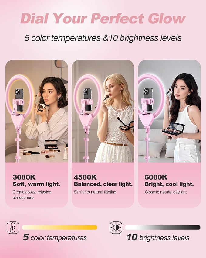 UBeesize 12'' LED Ring Light with 62'' Tripod Stand, Selfie Ring Light for Video Recording, Live Streaming, TikTok & YouTube, Compatible with iPhone & Android (Pink) - Image 4