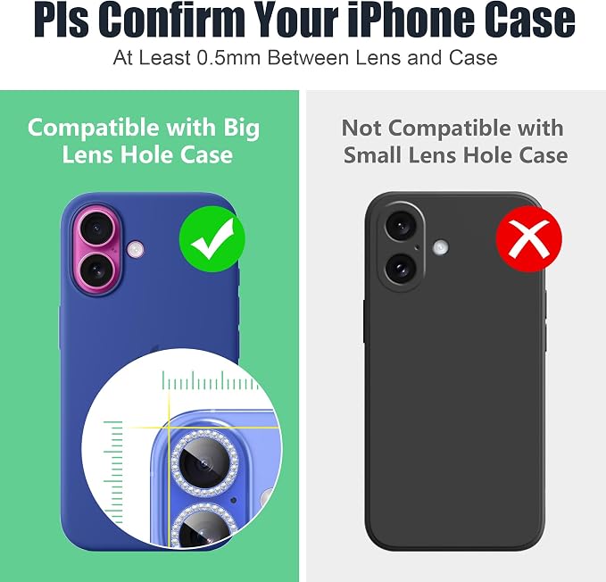 AGVEE 3+3 6 Pack for iPhone 16/16 Plus Camera Lens Protector Cover | Individual Bling Diamond & Bling Glitter Sparkle Cute Gem Metal Ring, 9H Tempered HD Glass - Image 3