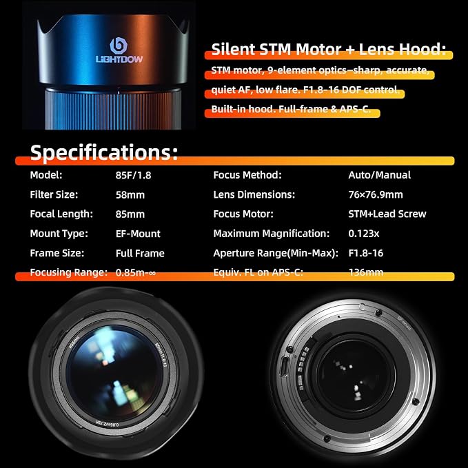 EF 85mm f1.8 Portrait Lens-AF+MF STM Motor for Canon EOS Rebel T8i/T7i/T7/T6i/T5/T3i/T3/T2i/XSi/XS/SL3/SL2/T100/90D/80D/70D/50D/5D Mark IV/6D II/7D II/1D X III II-DSLR Cameras Lenses(EF/EF-S Mount) - Image 5
