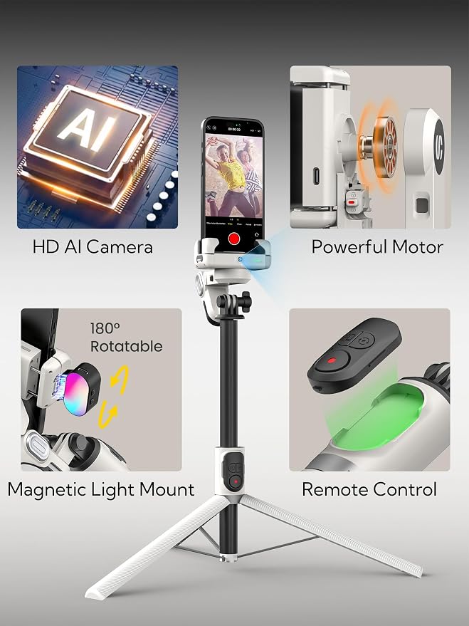 AOCHUAN Auto Face Tracking Tripod 360 Rotation w/Remote Control,Single-axis Phone Gimbal for iPhone Android w/RGB Light,Phone Tripod Follow You for Video Recording,TikTok Vlogging(M2Pro White) - Image 6