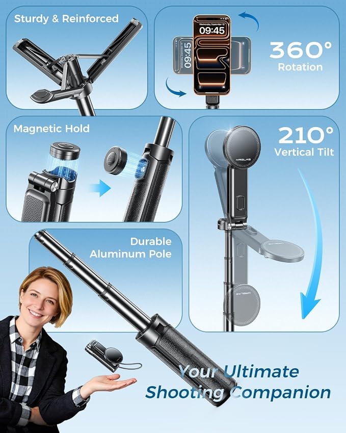 【Max 17"】 MRGLAS Magnetic Mini Tripod Selfie Stick for iPhone【4.5" Pocket】 | 【17" Max Extendable】4.5" Pocket Stand with Wireless Remote, Detachable Clamp, 360° Rotatable for MagSafe, 4-in-1 Mini Tripod - Image 8