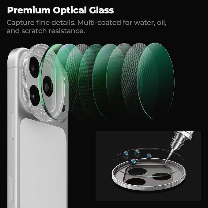 K&F CONCEPT Snap-On ND2-32 Filter Compatible with iPhone 17 Pro & Pro Max | 11.2g Ultra-Lightweight Variable ND Lens Filter with Snap-on Deco Mount, AGC Glass 28-Layer Coating, FA301 - Image 4