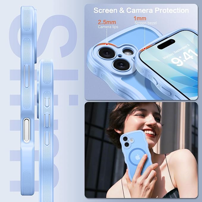 BENTOBEN Magnetic for iPhone 17 Case, Cute Wavy Full Camera Protection [Compatible with MagSafe] Translucent Matte Anti-Slip Bumper Women Girls Boys Protective Cover for 17 6.3", Light Blue - Image 6