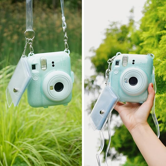 Rieibi Clear Case Compatible with Fuji Instax Mini 12 - Glitter Case Bag for Fujifilm Instax Mini 12 Instant Camera with Back Pocket, Strap and Photo Album - Glitter Green - Image 6