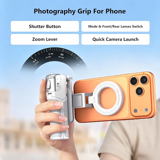 [3 in 1] Magnetic Phone Camera Shutter Grip, Extendable Selfie Stick & Tripod Portable for Magsafe iPhone & Android with Detachable Wireless Shutter Button Remote Control Ergonomic Handle - Black - Image 3