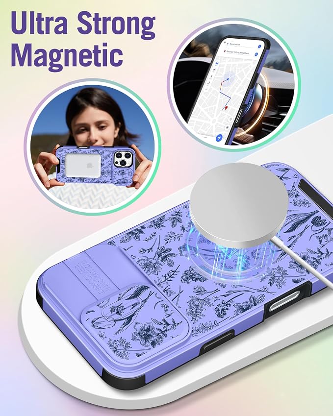 Buleens for iPhone 16 Pro Case 6.3 Inch - with Ring Stand & Camera Cover Aesthetic Cute Designed for Women Girls Teens Kawaii Flowers Floral Phone Case for iPhone 16 Pro Compatible with Magsafe - Image 4