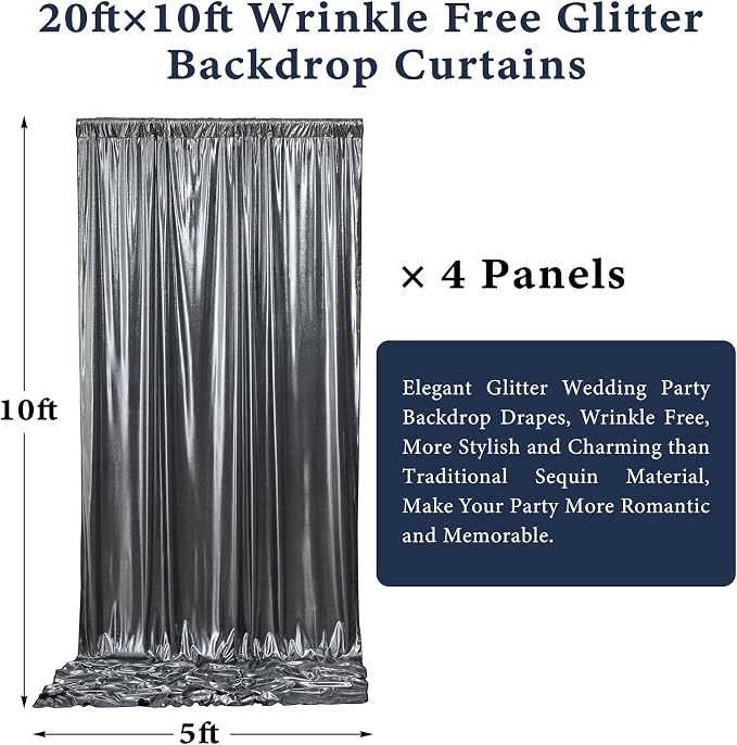 Outpain Thick 20 ft x 10 ft Black Silver Sequin Backdrop Curtain for Parties, Wrinkle Free Glitter Photo Backdrop Drapes 4 Panels 5x10ft Black Silver Back Drop Cloth for Wedding Photography Background - Image 7
